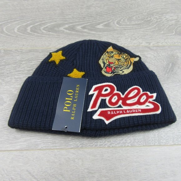 Polo Ralph Lauren Patch RL Tiger Navy Blue Skull Beanie Cap One Size NEW - Picture 3 of 10